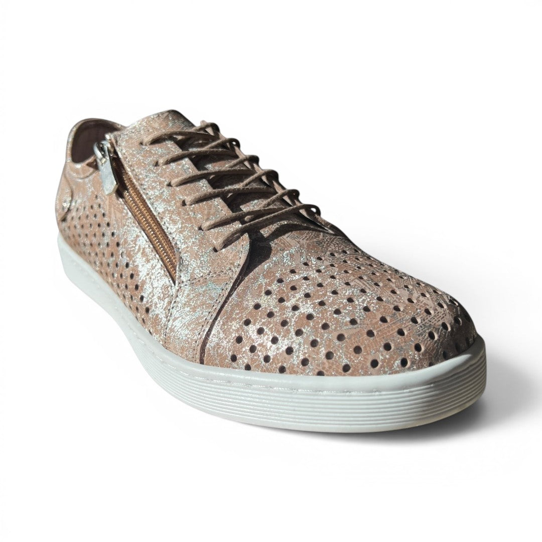 The Happy Shoe Shop Cabello EG17P perforated leather sneaker in metallic rose gold with side zip and lace closure.