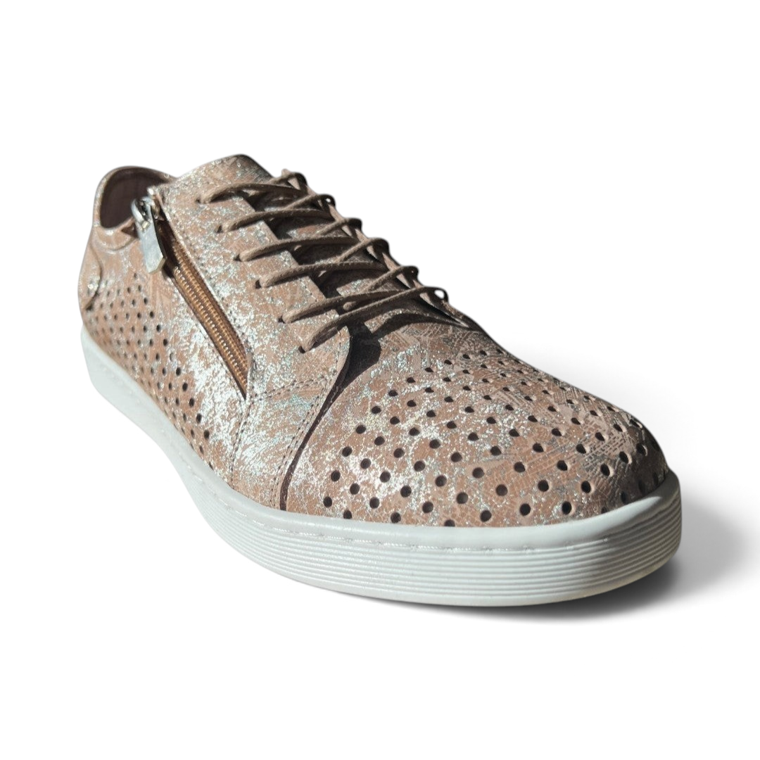 The Happy Shoe Shop Cabello EG17P perforated leather sneaker in metallic rose gold with side zip and lace closure.