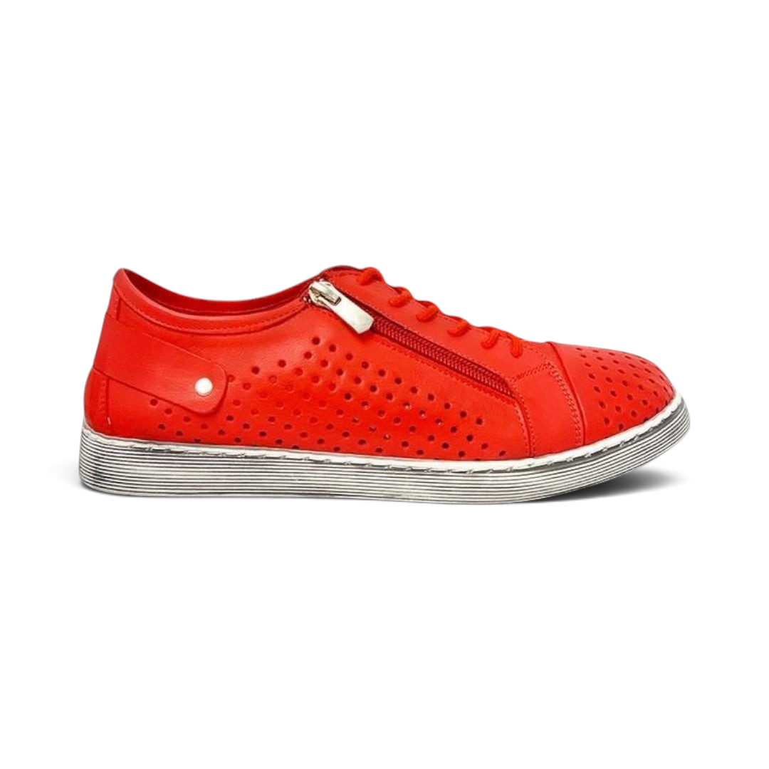 The Happy Shoe Shop Cabello EG17 red leather sneaker with perforated detailing, side zip, and white textured sole.