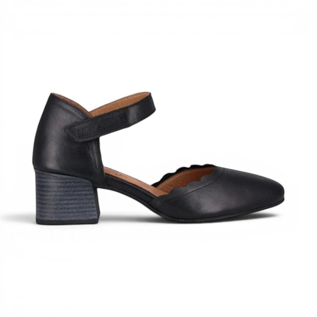 The Happy Shoe Shop Cabello Safran black leather scalloped edge block heel with adjustable strap.