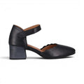 The Happy Shoe Shop Cabello Safran black leather scalloped edge block heel with adjustable strap.