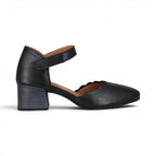 The Happy Shoe Shop Cabello Safran black leather scalloped edge block heel with adjustable strap.