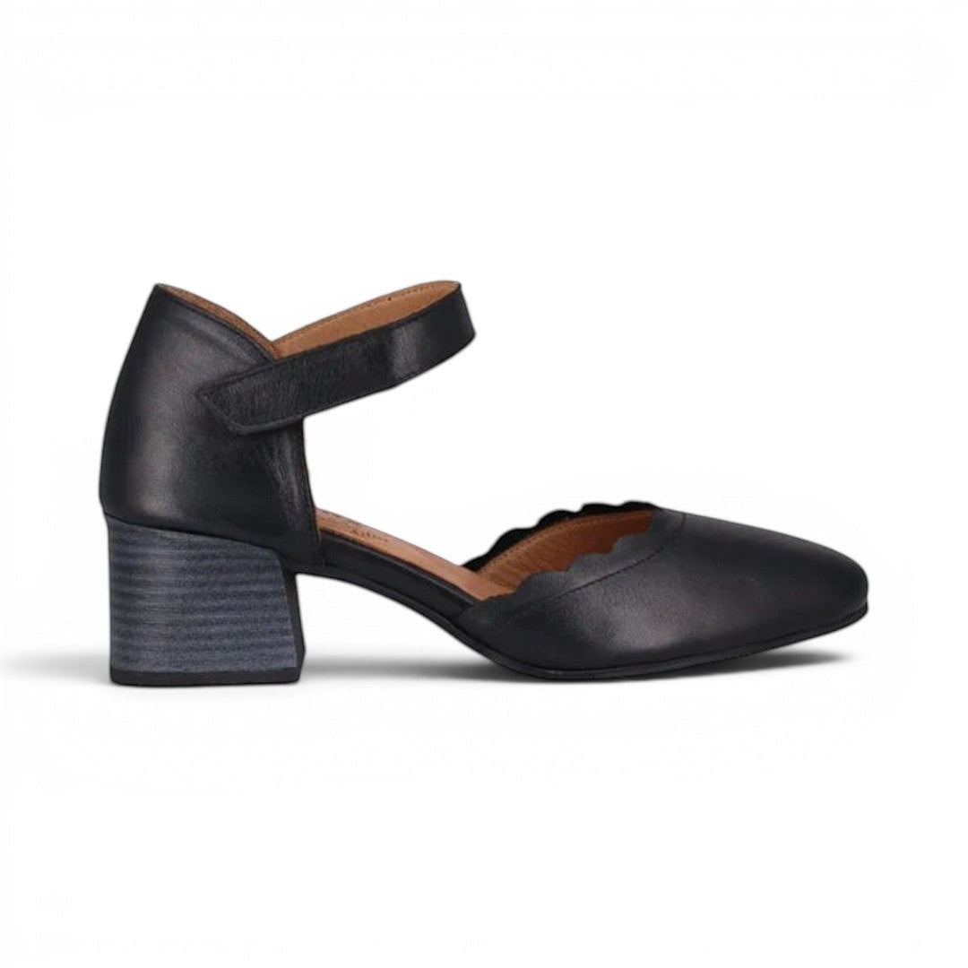 The Happy Shoe Shop Cabello Safran black leather scalloped edge block heel with adjustable strap.