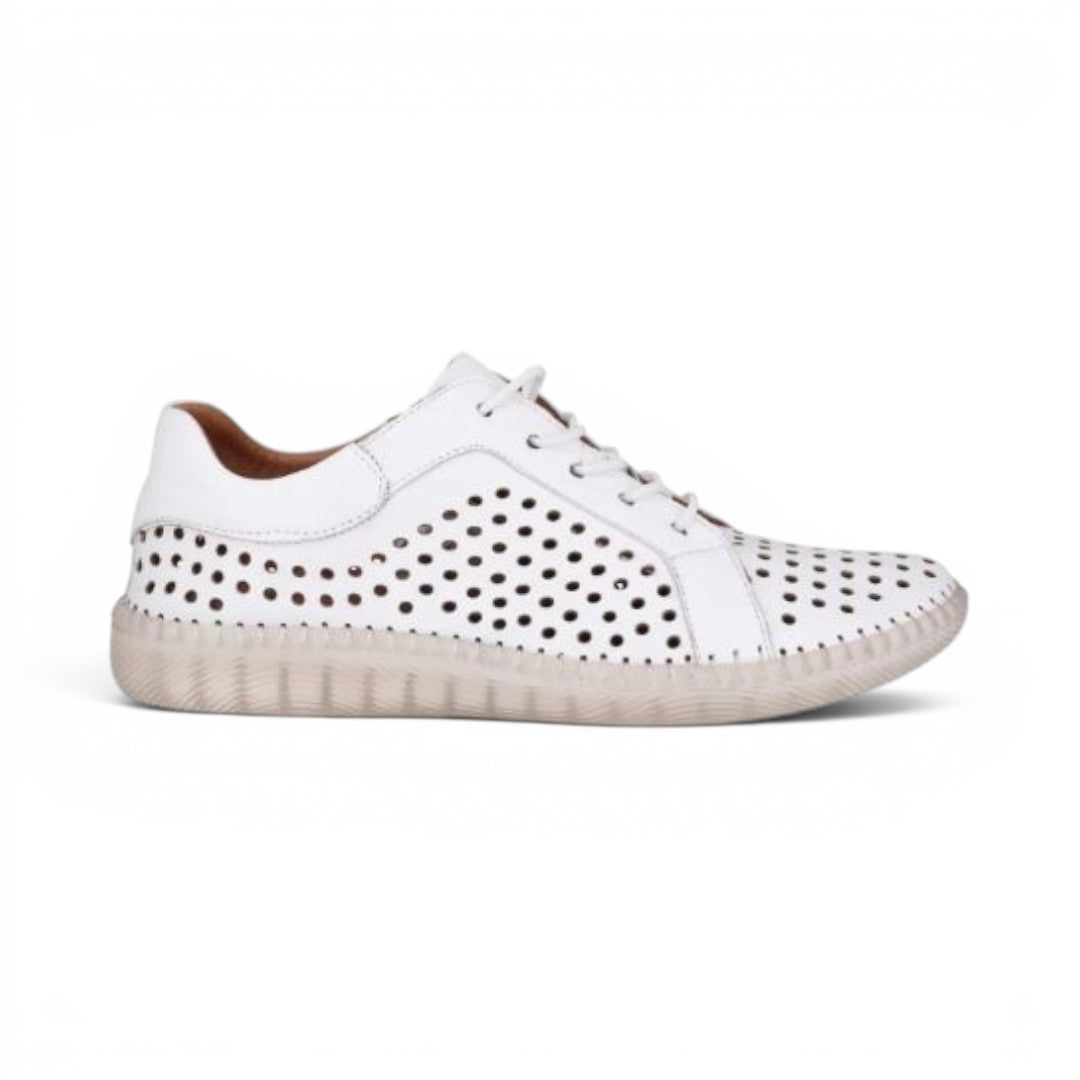 The Happy Shoe Shop Cabello Sing white leather sneaker with perforated upper, elastic laces, and transparent sole.