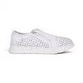 The Happy Shoe Shop Cabello EG172 white leather sneaker with punched detailing, side zip, and sturdy rubber sole.
