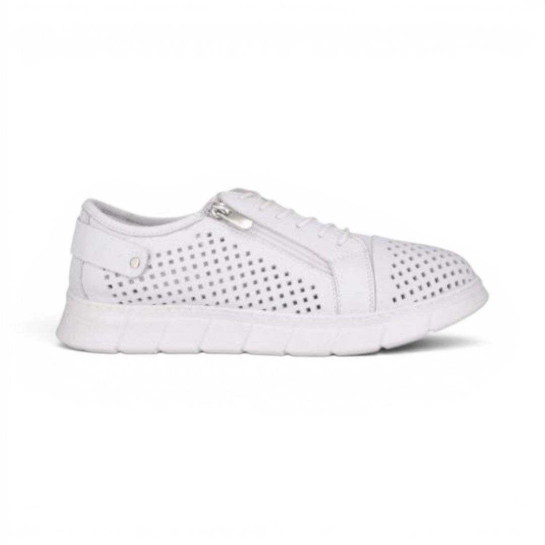 The Happy Shoe Shop Cabello EG172 white leather sneaker with punched detailing, side zip, and sturdy rubber sole.