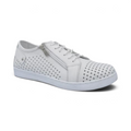 The Happy Shoe Shop Cabello EG17 white leather sneaker with perforated detailing, lace-up front, and side zip closure.