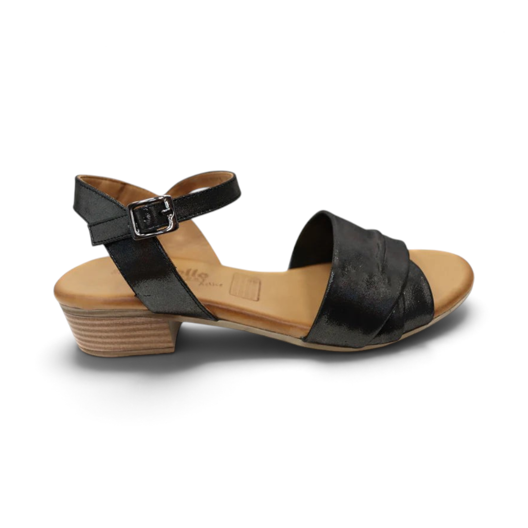The Happy Shoe Shop Cabello Yenice black shimmer leather low block heels with an adjustable ankle strap