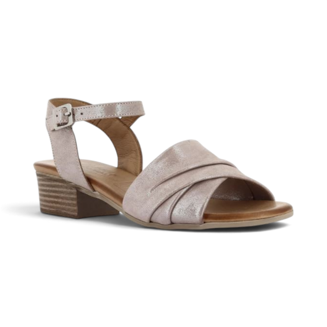The Happy Shoe Shop Cabello Yenice low block heels in shimmer leather with an adjustable ankle strap and open toe.