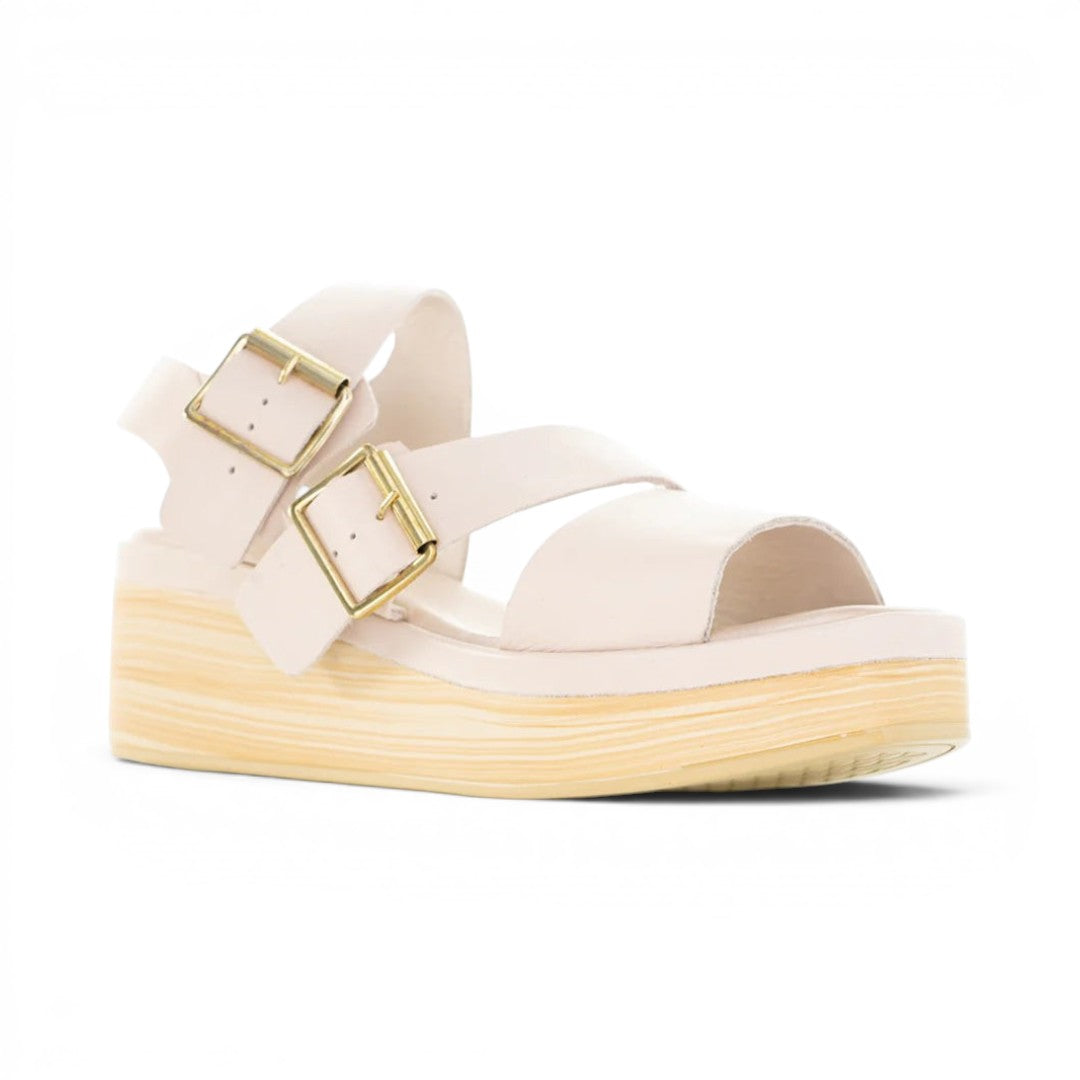 The Happy Shoe Shop Le Sansa Tri platform sandal in cameo pink leather with dual gold buckles and wood-look wedge sole