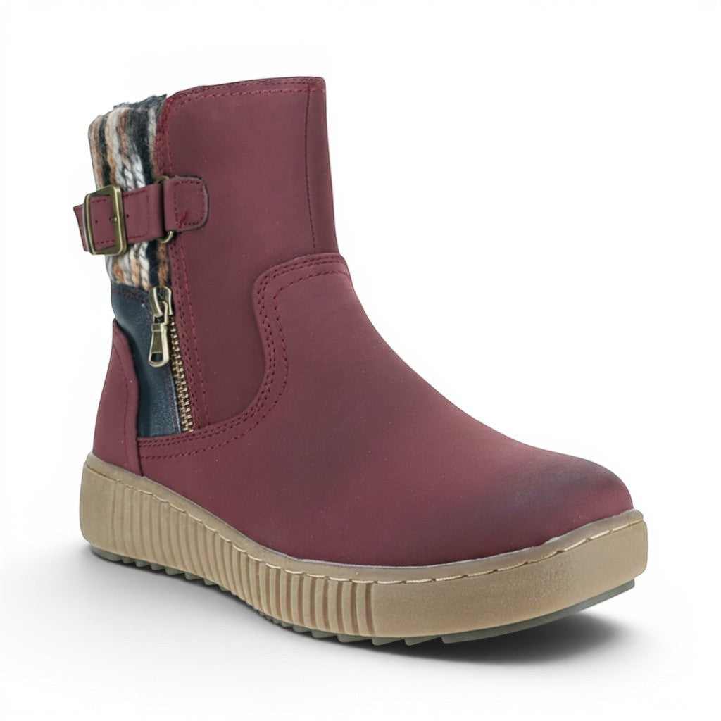 The Happy Shoe Shop CC Resorts Garrett Boot in burgundy faux leather with dual zips, buckle detail, and patterned lining.
