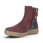 The Happy Shoe Shop CC Resorts Garrett Boot in burgundy faux leather with dual zips and buckle detail.