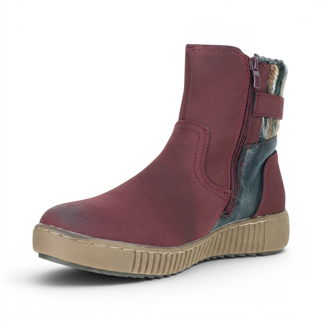 The Happy Shoe Shop CC Resorts Garrett Boot in burgundy faux leather with dual zips and buckle detail.