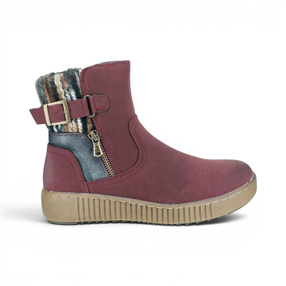 The Happy Shoe Shop CC Resorts Garrett Boot in burgundy faux leather with dual zips, buckle detail, and patterned knit cuff.