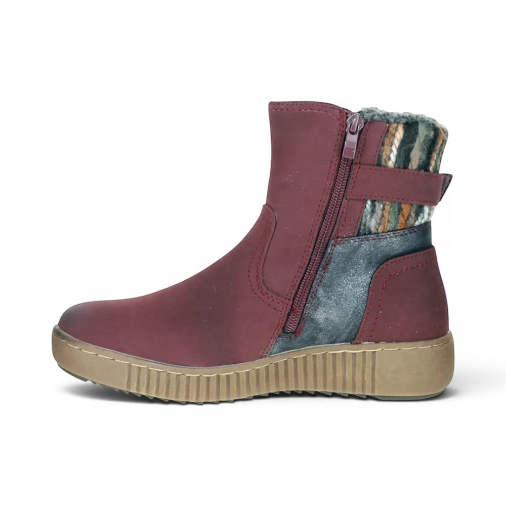 The Happy Shoe Shop CC Resorts Garrett Boot in burgundy faux leather with dual zips, buckle detail, and a patterned knit cuff.