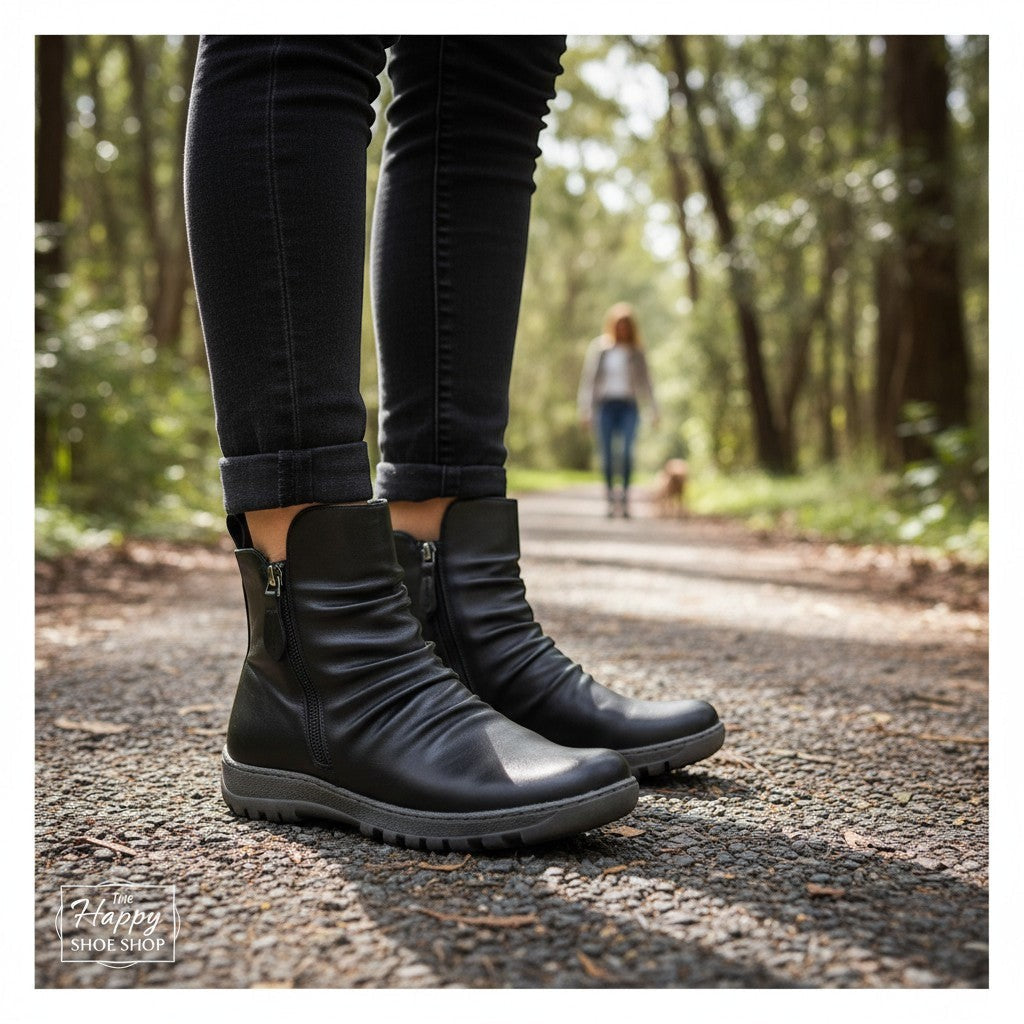The Happy Shoe Shop CC Resorts Greco Boot: black vegan leather ankle boot with ruched detailing and dual zippers.
