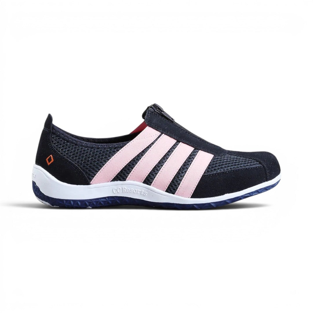 The Happy Shoe Shop CC Resorts Jada sneaker in black with pink stripes, featuring a mesh upper and rubber sole.