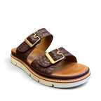The Happy Shoe Shop Soultbush Mission chocolate brown woven leather-look sandal with gold buckles and white sole