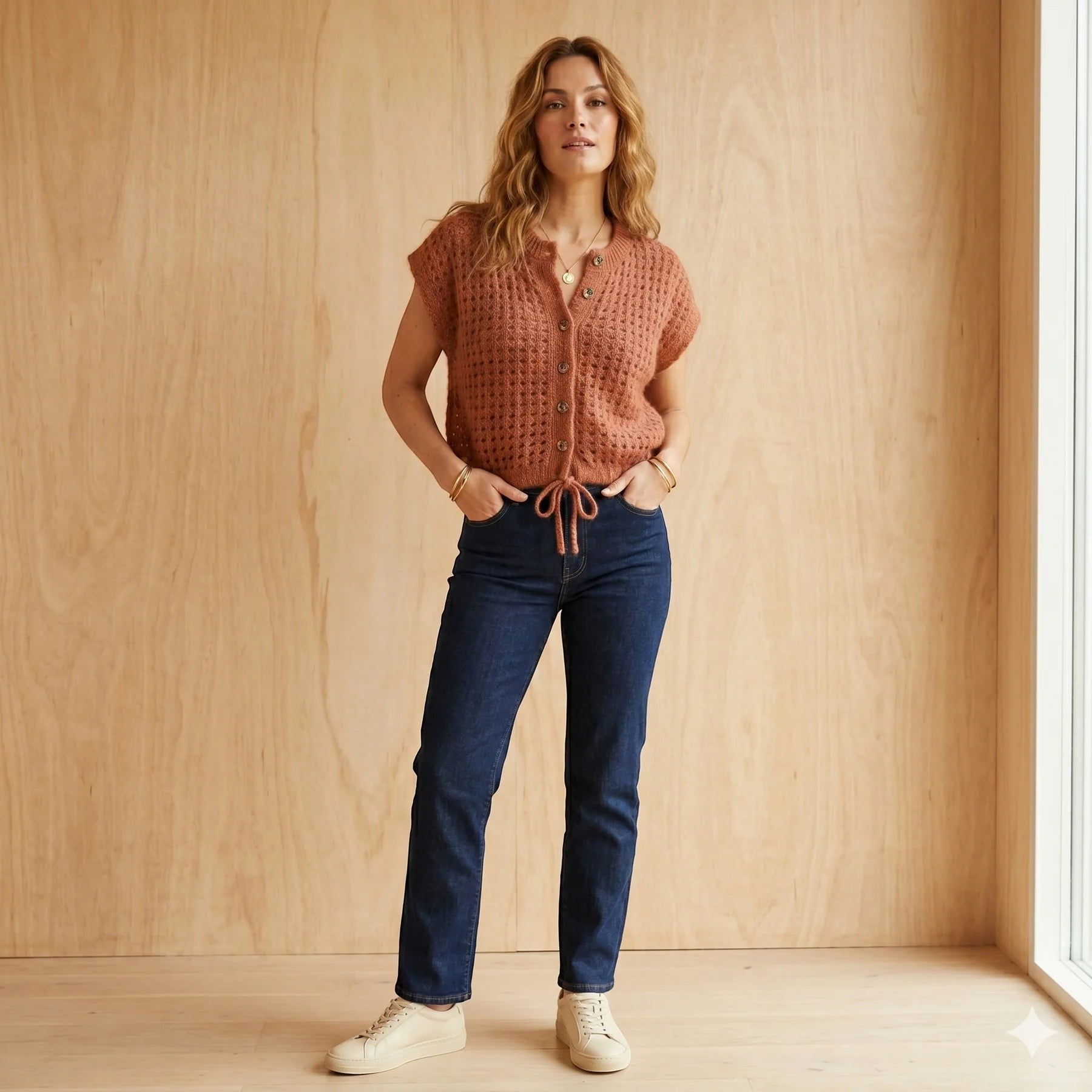 The Happy Shoe Shop cinnamon sleeveless knit crop top with button front and adjustable drawstring hem on a model.