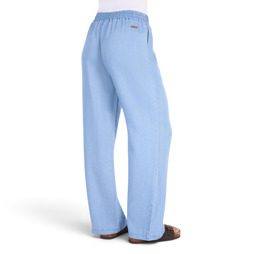 The Happy Shoe Shop Thomas Cook Clara light blue lyocell wide leg pants with elasticated drawstring waist, back view
