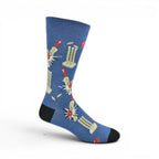 The Happy Shoe Shop blue bamboo socks with a cricket bat, wickets, and ball pattern. Made from bamboo, cotton, and spandex.