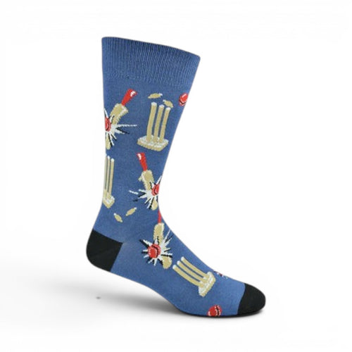 The Happy Shoe Shop blue bamboo socks with a cricket bat, wickets, and ball pattern. Made from bamboo, cotton, and spandex.