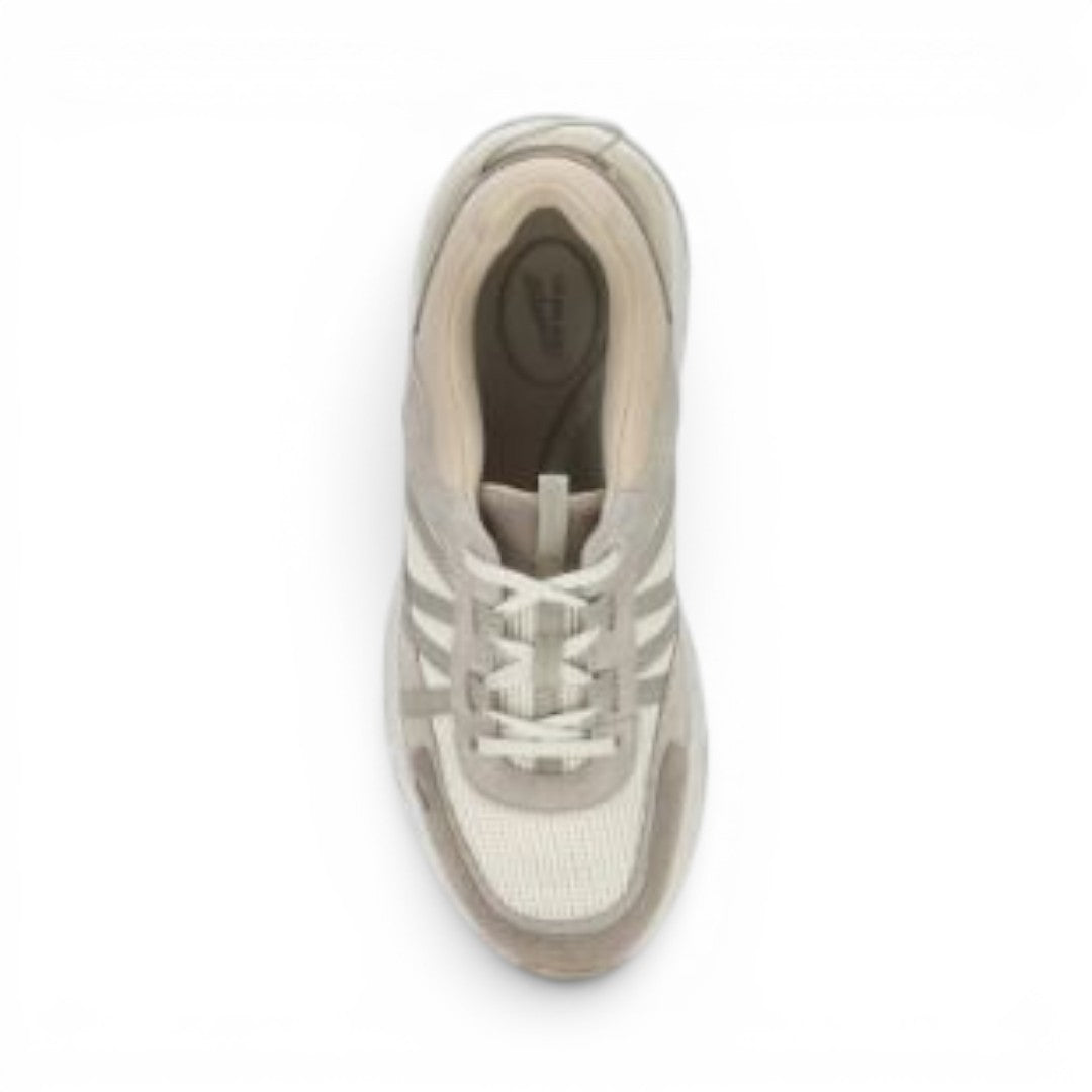 The Happy Shoe Shop Dansko Poppy beige leather and mesh walking sneaker, top-down view showing lace-up design.
