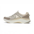 The Happy Shoe Shop Dansko Poppy beige leather and mesh walking sneaker with supportive EVA sole, side profile view.
