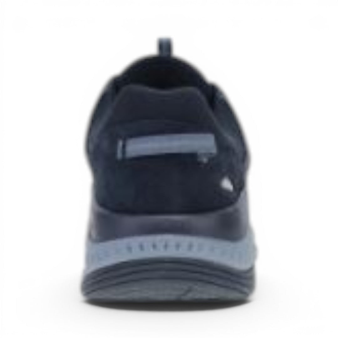 The Happy Shoe Shop Dansko Poppy navy leather and mesh walking sneaker, rear view showing supportive EVA sole