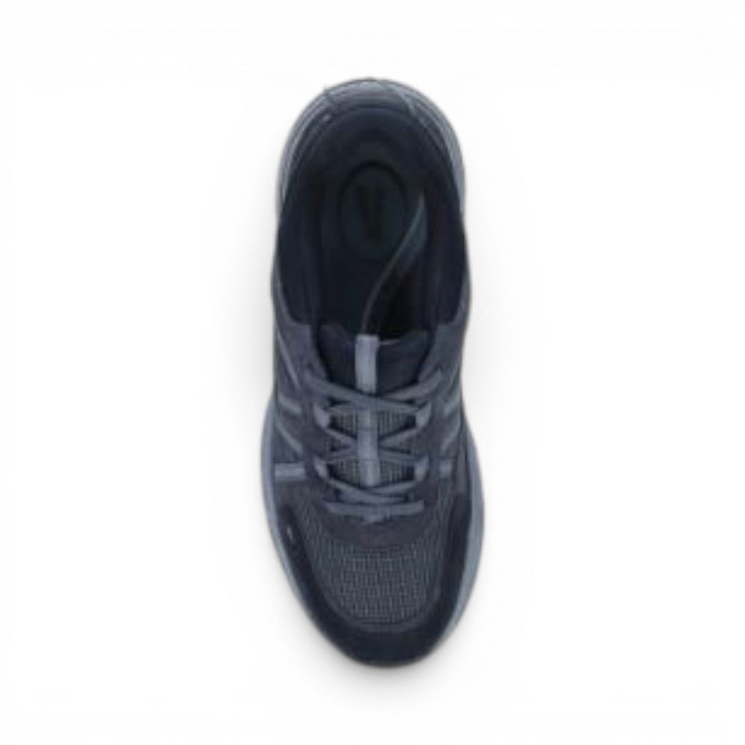 The Happy Shoe Shop Dansko Poppy navy blue leather and mesh walking sneaker, top view showing lace-up design.