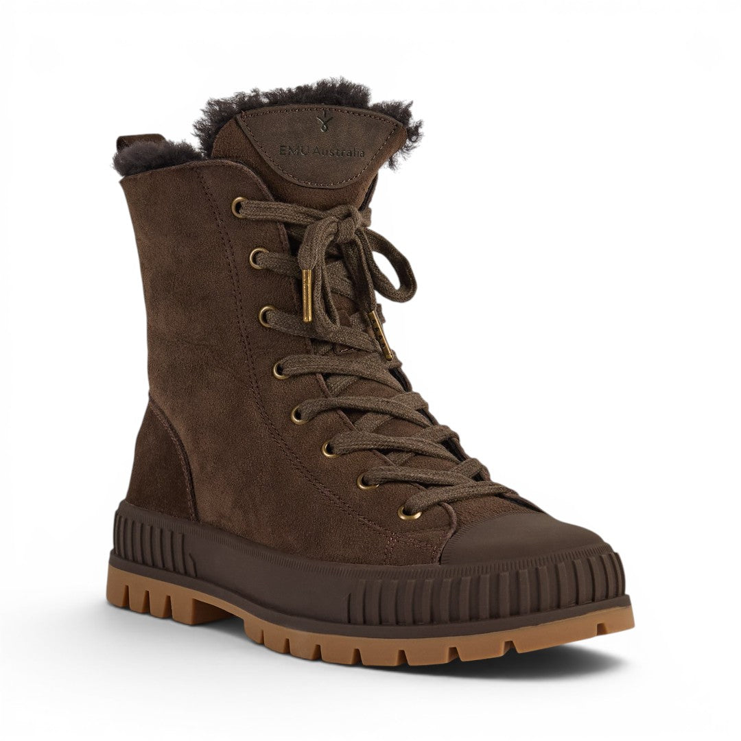 The Happy Shoe Shop Emu Australia Nomad Wanderer brown suede lace-up boots with sheepskin lining and rubber outsole.