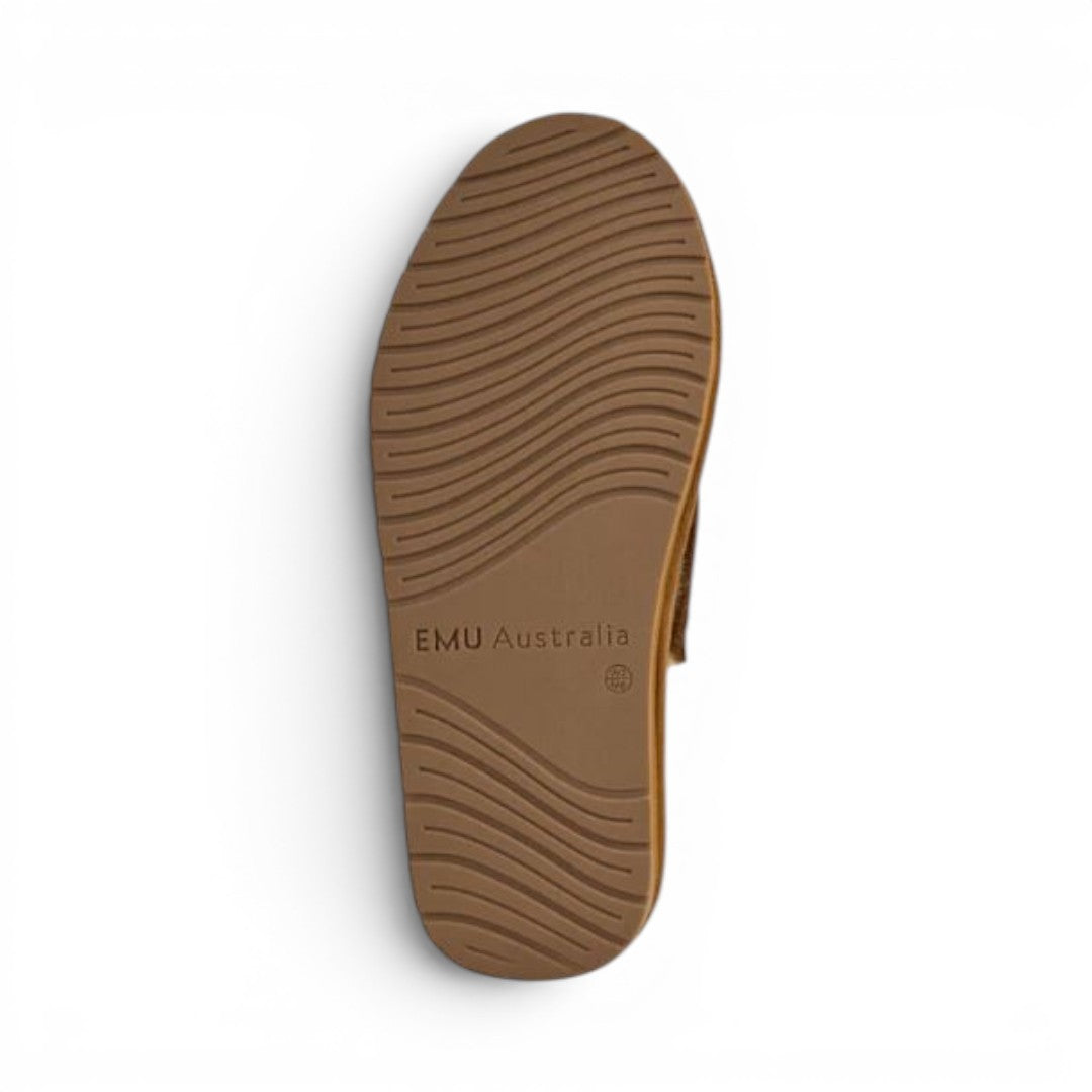 The Happy Shoe Shop Emu Australia Flexicare Slipper, brown suede with sheepskin lining and flexible sole.