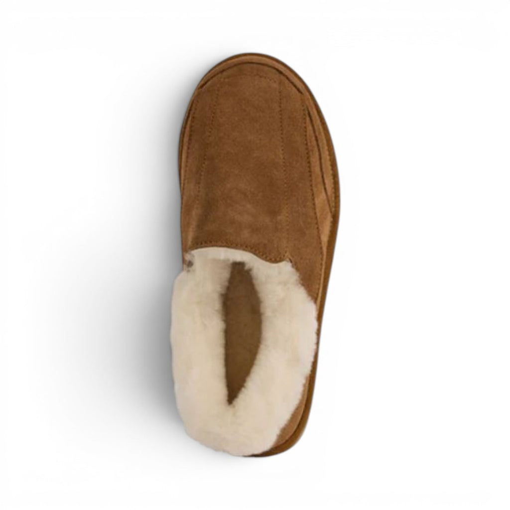 The Happy Shoe Shop Emu Australia Flexicare Slipper in tan suede with fluffy sheepskin lining. Adjustable design.