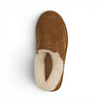 The Happy Shoe Shop Emu Australia Flexicare Slipper in tan suede with fluffy sheepskin lining. Adjustable design.