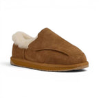 The Happy Shoe Shop Emu Australia Flexicare Slipper in tan suede with sheepskin lining and adjustable front.