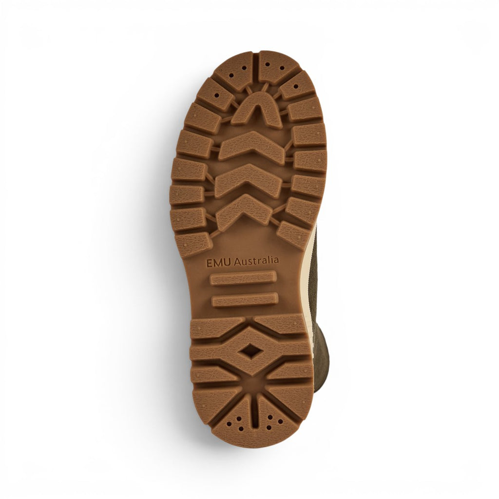 The Happy Shoe Shop Emu Australia Nomad Wanderer boot showing the durable brown rubber treaded outsole.