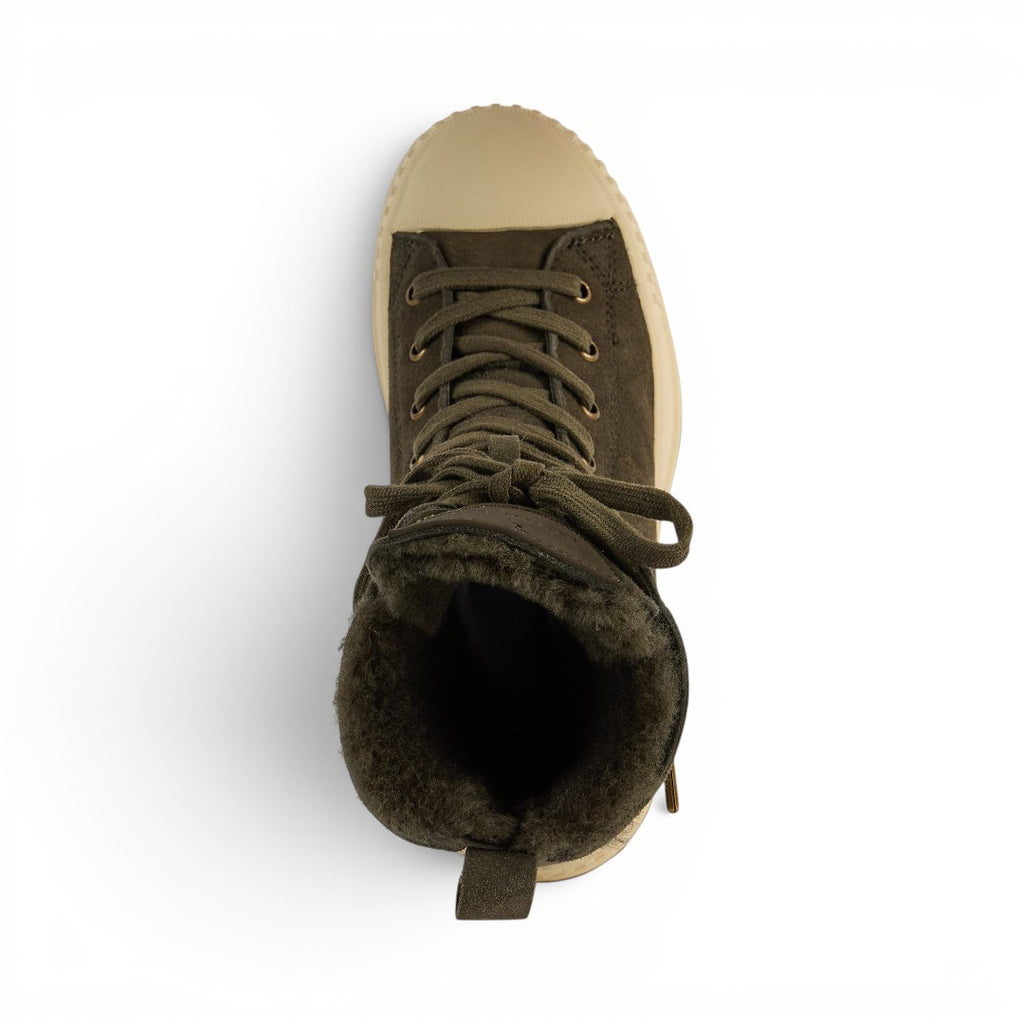 The Happy Shoe Shop Emu Australia Nomad Wanderer olive green sheepskin lace-up boots with a beige rubber toe cap.