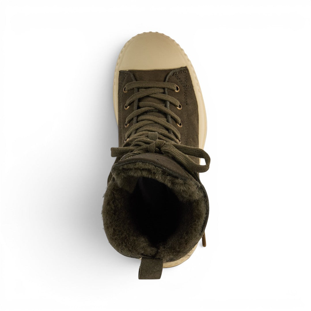 The Happy Shoe Shop Emu Australia Nomad Wanderer olive green sheepskin lace-up boots with a beige rubber toe cap.