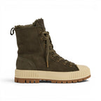 The Happy Shoe Shop Emu Australia olive green suede lace-up boots with sheepskin lining and chunky rubber sole