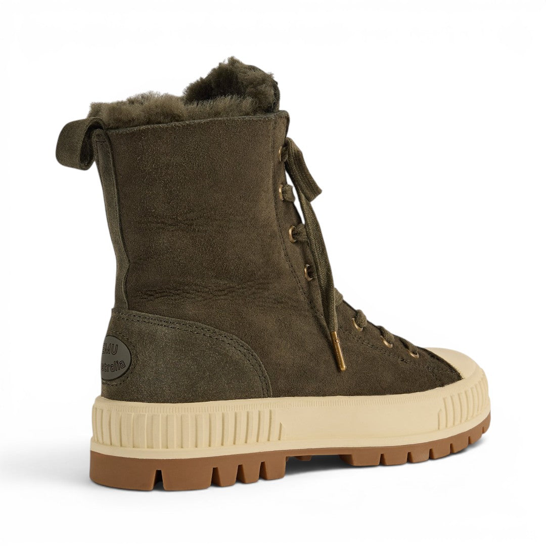 The Happy Shoe Shop Emu Australia Nomad Wanderer olive green suede lace-up boots with sheepskin lining and rubber sole