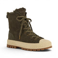 The Happy Shoe Shop Emu Australia Nomad Wanderer olive green suede lace-up boots with sheepskin lining and rubber sole.