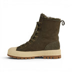 The Happy Shoe Shop Emu Australia Nomad Wanderer olive green suede lace-up boots with sheepskin lining