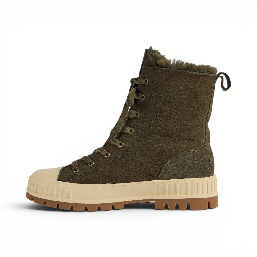 The Happy Shoe Shop Emu Australia Nomad Wanderer olive green suede lace-up boots with sheepskin lining