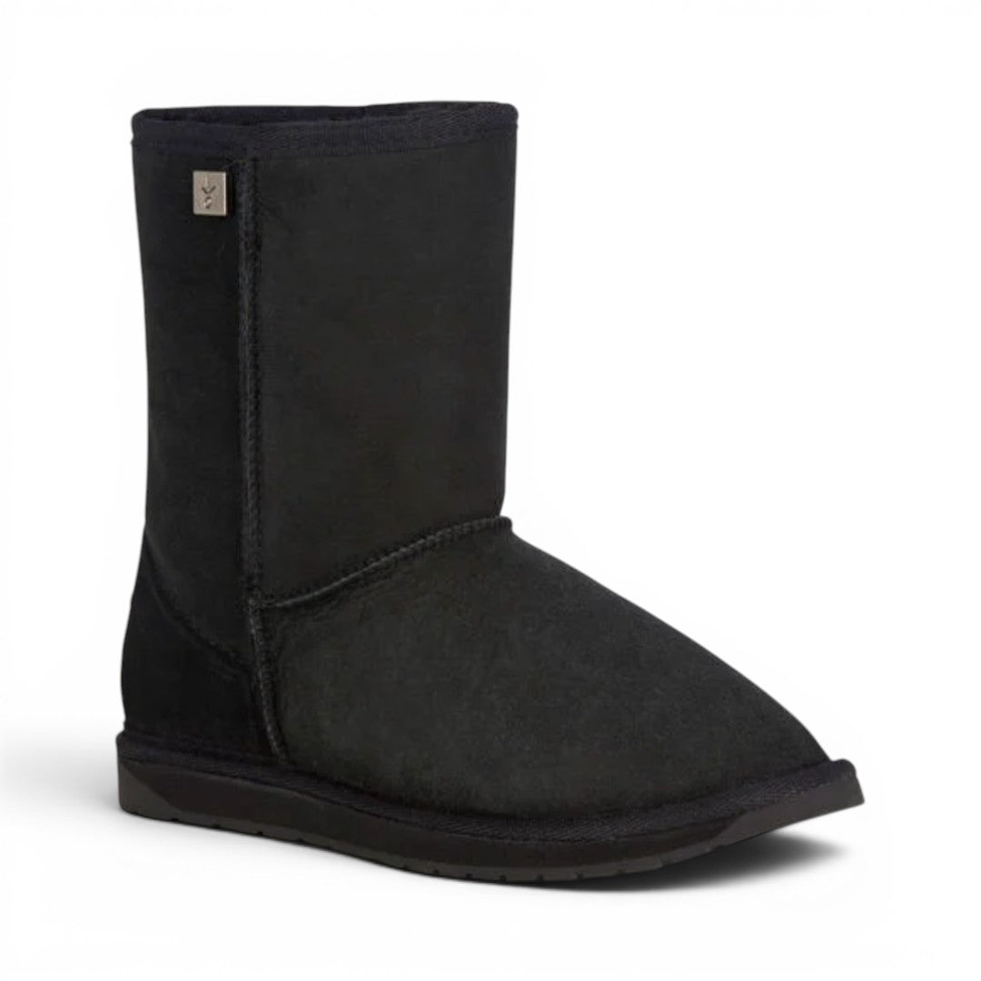 The Happy Shoe Shop Emu Australia Platinum Stinger Lo black sheepskin boots. Water-resistant, mid-calf height, with a subtle metal logo detail.
