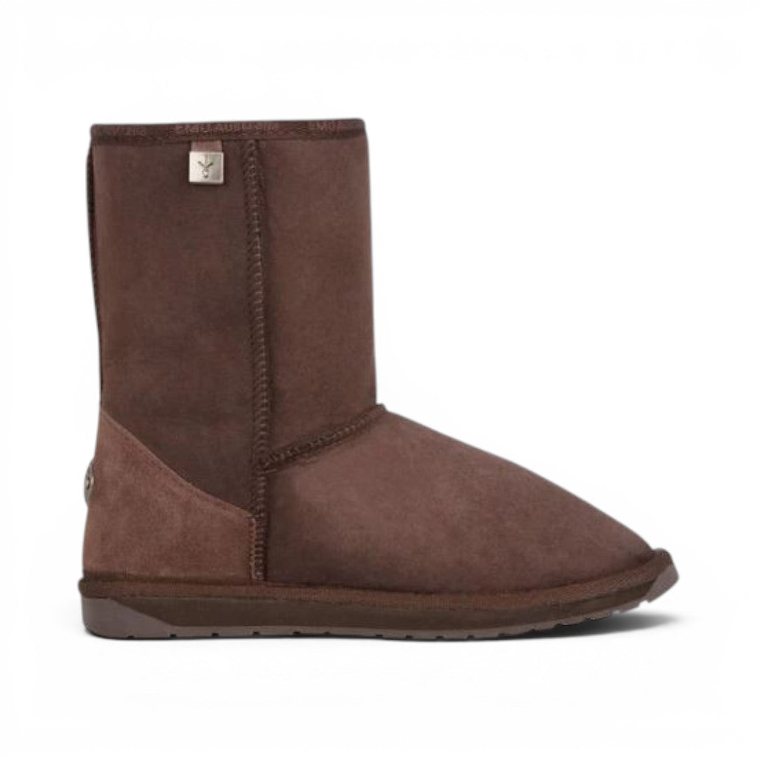 The Happy Shoe Shop Emu Australia Platinum Stinger Lo brown sheepskin boots. Water-resistant, handcrafted, and made in Australia.