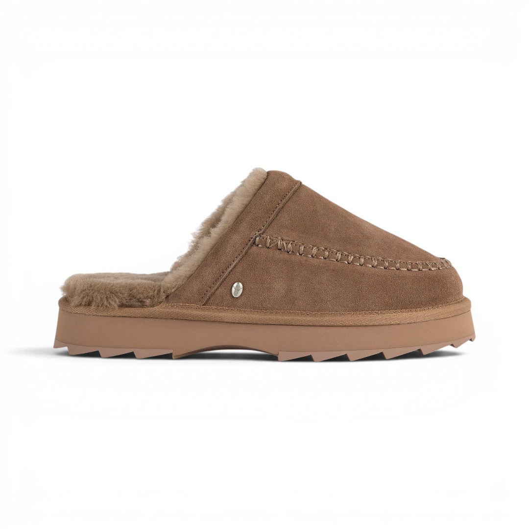 The Happy Shoe Shop Emu Sharky Slide in brown suede with plush sheepskin lining and a distinctive serrated rubber sole.
