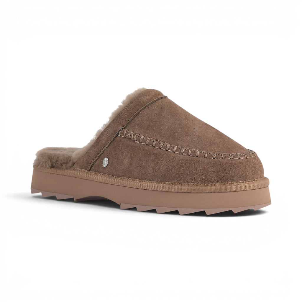 The Happy Shoe Shop Emu Sharky Slide in brown suede with plush sheepskin lining and a distinctive serrated rubber sole.