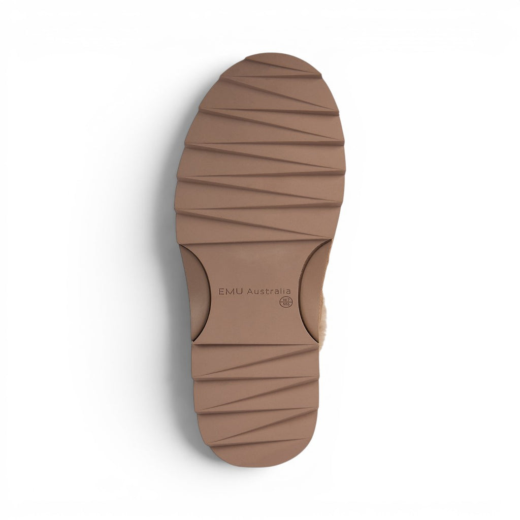The Happy Shoe Shop Emu Sharky Slide showing the brown rubber sharky sole with textured grip pattern