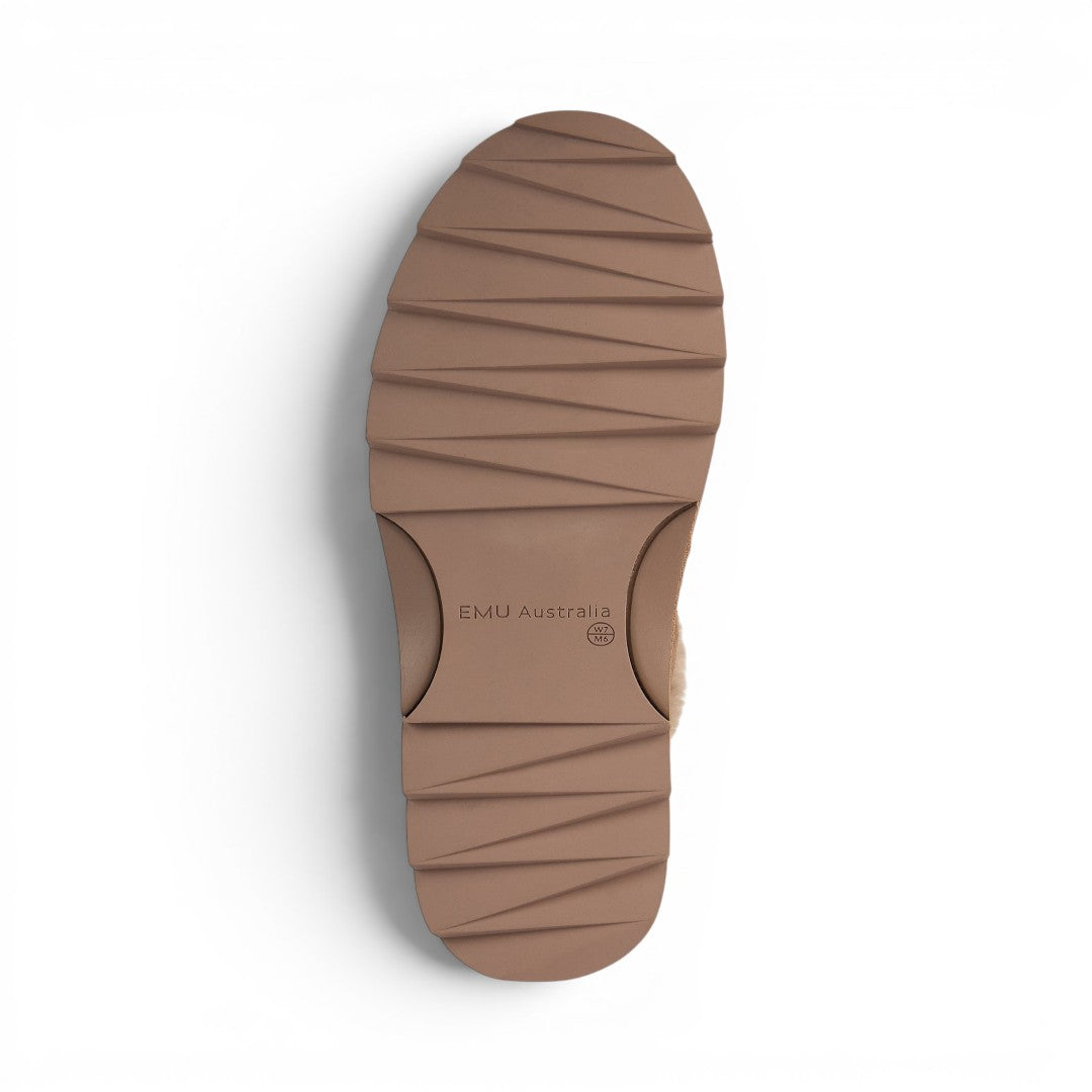 The Happy Shoe Shop Emu Sharky Slide showing the brown rubber sharky sole with textured grip pattern