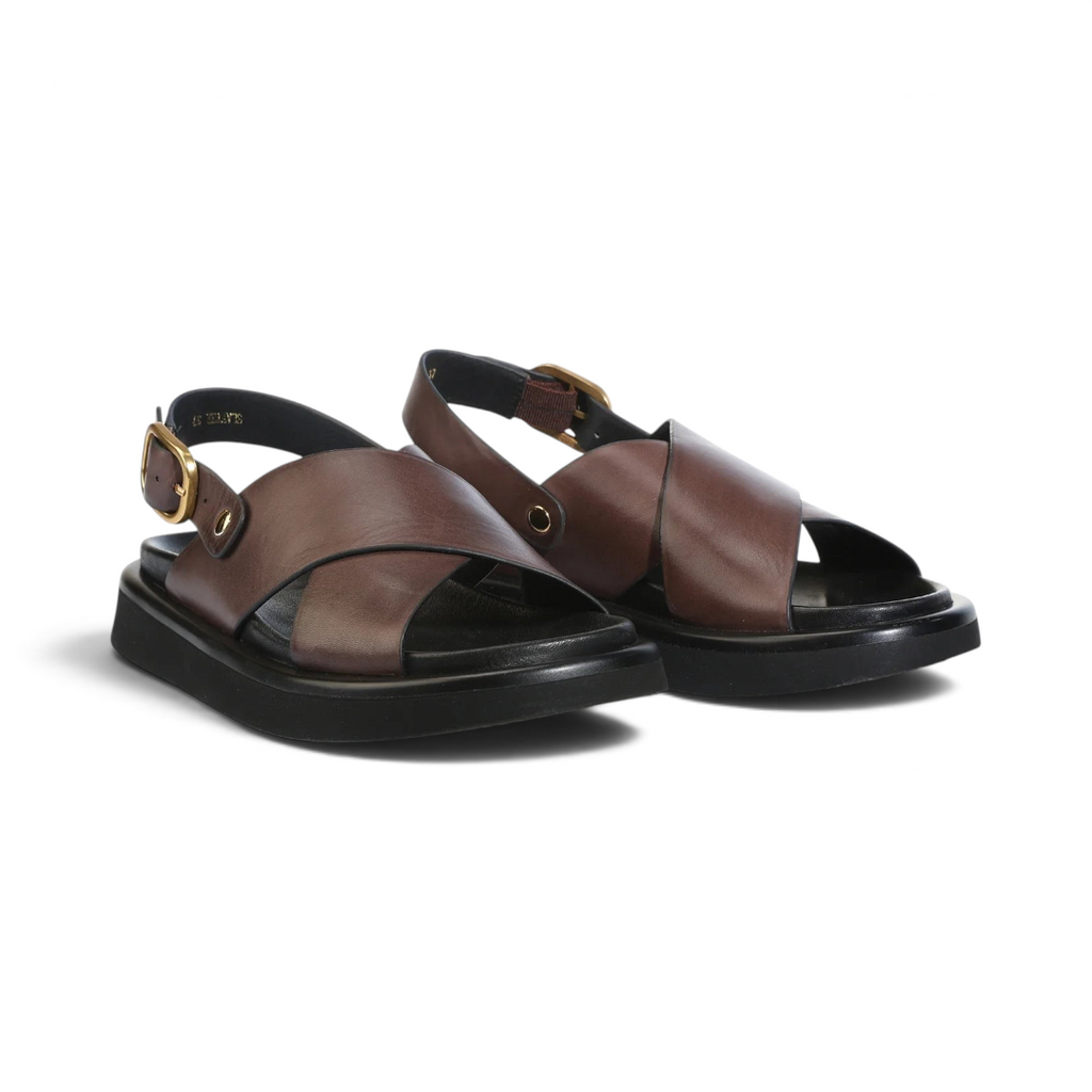 The Happy Shoe Shop EOS Slayter brown leather crossover slingback sandals with black platform soles and gold buckles.
